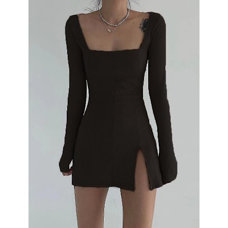 Elegant fyrkantig hals ribbad svart klänning Stickad sido slits klänning