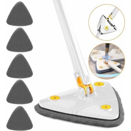 Justerbar 360° roterende trekant, teleskopmoppe med automatisk vandklemningsfunktion, 5 rengøringsklude, mikrofiber elastisk moppe (hvid??)
