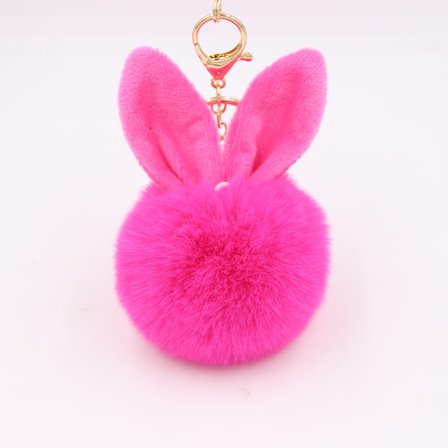 Pelsball nøkkelring kaninører (rosa rød 10cm)