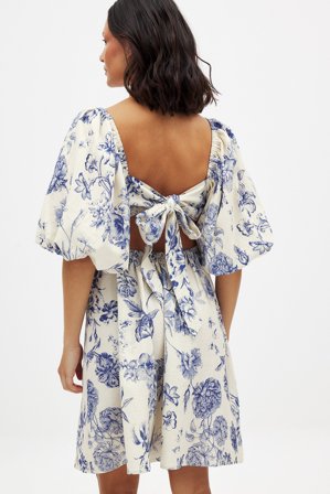 NA-KD Robe courte en lin mélangé à manches bouffantes - Robes en lin - Floral - EU 42