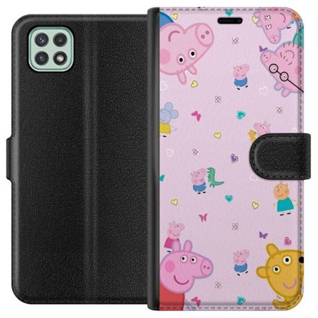 Kompatibelt Lommeboketui til Samsung Galaxy A22 5G Peppa Gris med en baby i armene, mamma gris motiv i fargerik og myk barneillustrasjon med hjerter