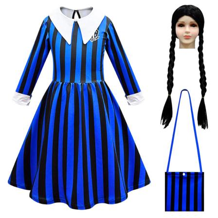Wednesday Addams skoleuniform cosplay-kjole sett Halloween-kostyme for jenter (160 cm med veske og parykk)
