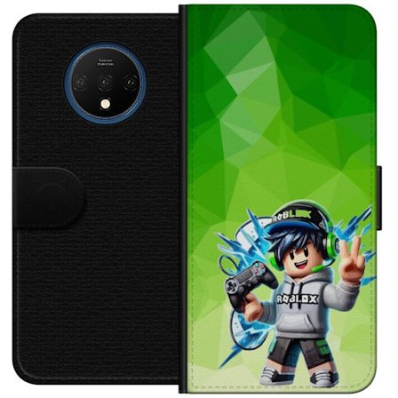 Yhteensopiva Lompakkokotelo OnePlus 7T Roblox-inspiroitu pelaajahahmo, jossa on kuulokkeet, ohjain ja energiset efektit vihreää taustaa vasten