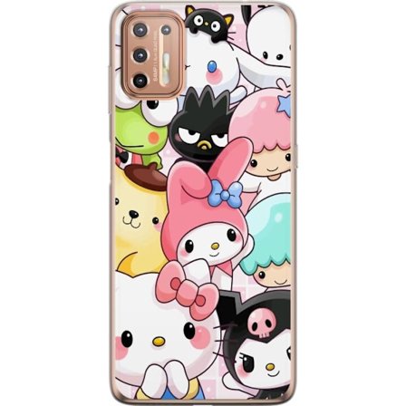 Kompatibelt Mobildeksel til Motorola Moto G9 Plus Tett mønster av søte figurer med store øyne i ulike farger og uttrykk med LABUBU-tekst