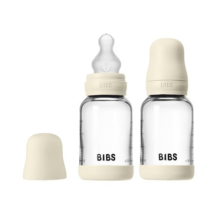 BIBS Glass Baby Bottle Round Silicone 2-Pak Ivory 120 ml Slow Flow, Børn & Forældre, Sutteflasker & Tilbehør, Sutteflasker