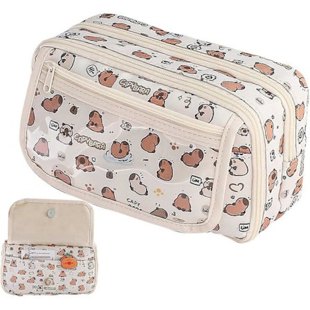 Søt Kapibara Blyantveske, Søt Blyantveske med Glidelås, Flere Lag Blyantveske med Rom, Bærbar Blyantveske Kontorrekvisita