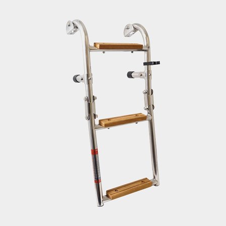 Escalera de baño plegable, acero inoxidable y teca, 3 peldaños (2+1), 82 cm, 28 cm