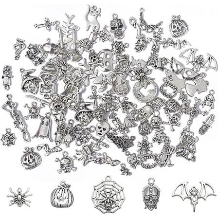 120 kpl Halloween Punk -riipuksia korujen valmistukseen, hopeakoristeet riipukset kallo kurpitsa hämähäkki DIY kaulakoru rannekoru korvakoru