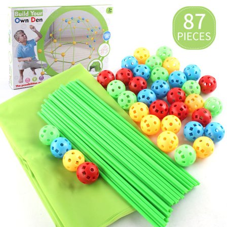 Byggset för barns fort 36 bollar + 51 pinnar + tygkonstruktion