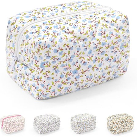 Lille makeup-taske, bærbar toilettaske i bomuld, quiltet blomstret kosmetiktaske, vaskeorganisator-taske til kvinder, piger, damer, blå