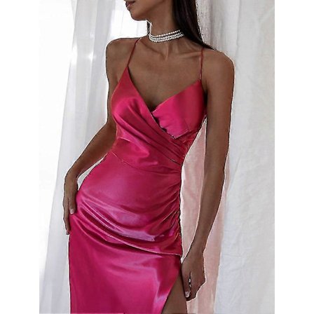 Dam Satin Klänning Midi Klänning Champagne Ärmlös Enfärgad Delad Rynkad Vår Sommar V-ringad Stilren Elegant Sexig