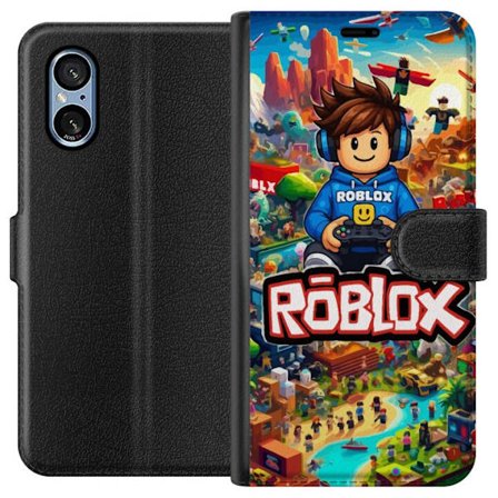 Kompatibel Tegnebogsetui til Sony Xperia 5 V Roblox-verden med spilkarakterer og farverige eventyr fyldt med action og flyvende køretøjer