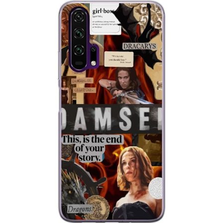 Kompatibelt Mobilskal till Honor Honor 20 Pro Damsel-inspirerat collage med stark kvinnlig krigare, drakar, eld, svärd och citat, mörk fantasyestet