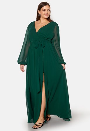 Goddiva Curve Long Sleeve Chiffon Maxi Curve Dress Green Klær