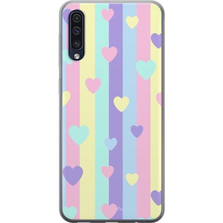 Kompatibel Mobilcover til Samsung Galaxy A50 Pastelstriber i lyserød, gul, lilla og blå med spredte hjerter i blød kawaii-stil.