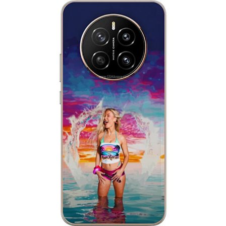 Kompatibel Mobilcover til Honor Magic7 Blond kvinde i farverigt strandtøj, der leger i havet ved solnedgang