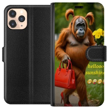 Apple iPhone 11 Pro Lompakkokotelo Huumorintajuinen orangi ja punainen käsilaukku ja kukkia, hauska eläinkuva täydellinen huumorille ja värikkäil