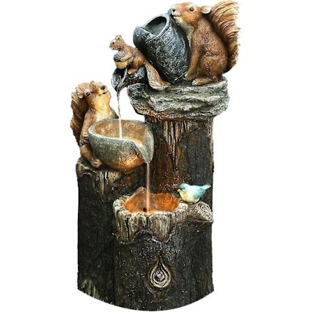 Sunny Squirrel Stacked Waterfall Fontene med LED-lys og Pumpe, Resin Ekorn Hagefontene Statue for Utendørs Terrasse Hage