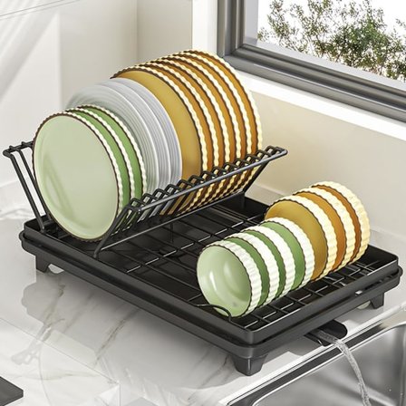 Black Stainless Steel Cutlery Drainer, Large Capacity Dish Drying Rack with Drip Tray and Utensil Holder