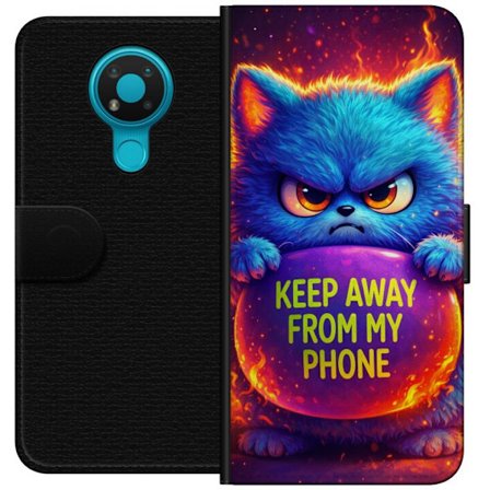 Yhteensopiva Lompakkokotelo Nokia Nokia 3.4 Vihainen pörröinen sininen kissa, jossa teksti "Pidä loitolla puhelimestani" neonväreillä ja tulimais