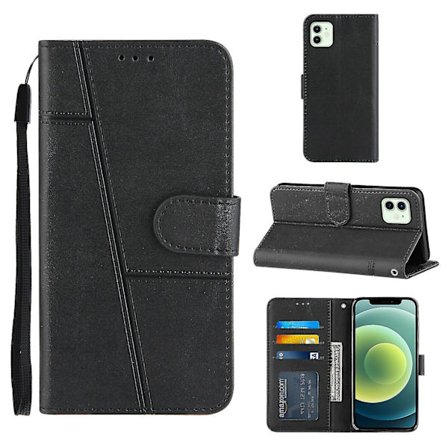 Kompatibel Iphone 12 Mini Case Läder Folio Cover Magnetic Premium Etui Coque - Svart
