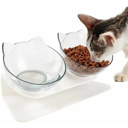 Full Clearance Kattmatskål, Transparent, Justerbar Dubbelskål med Höjt Stativ, Vatten och Mat, Undviker Nackskada