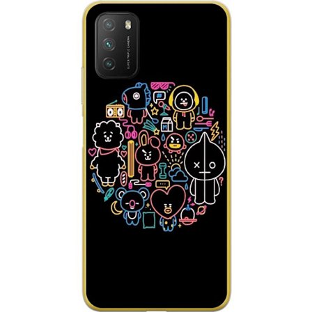Xiaomi Poco M3 Läpinäkyvä kuori Värikäs BT21 neonilustraatio, joka on täynnä leikkisiä hahmoja, symboleja ja yksityiskohtia pyöreässä komp