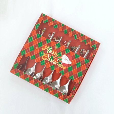 6 stk. julebestik med jule design krog, høj kvalitet rustfrit stål blandeske julemandsske vedhæng dessert ske rød gaveæske sæt