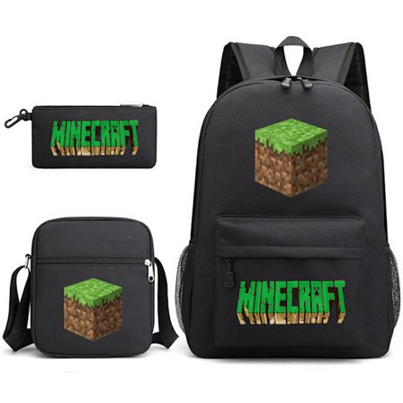 Minecraft skolväska, ryggsäck, pennfodral, axelväska, set om tre delar, ventilerande och slitstark, en bra present till MC-spelare