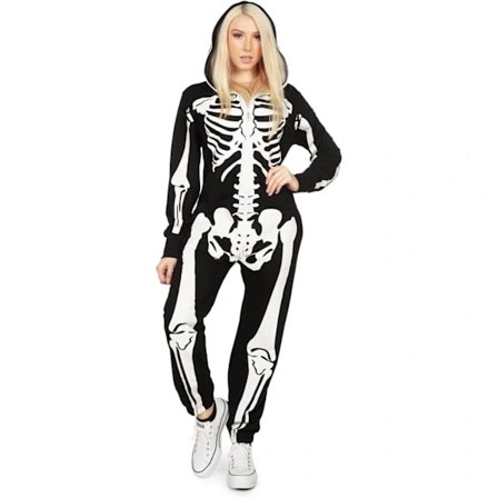 Halloween Skeletdragt til damer - Komfortabel og enkel jumpsuit til voksne - Tryk foran og bagpå med lynlås -FA-