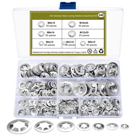 340 stk. sikkerhetskiver, interne tann hurtiglåseskiver, låseringssortimentsett - M3/M4/M5/M6/M8/M10/M12, sølvfarget