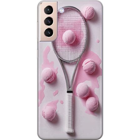 Kompatibel Mobilcover til Samsung Samsung Galaxy S21 Rosa glaskugler og tennisketsjer i et kreativt stillbillede med legende popfølelse og moderne de