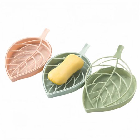 Sæbeskålssæt med blade, to-lags sæbeholder og afløbsbakke, aftagelig badeværelsesorganisator (blød grøn/blå/pink)