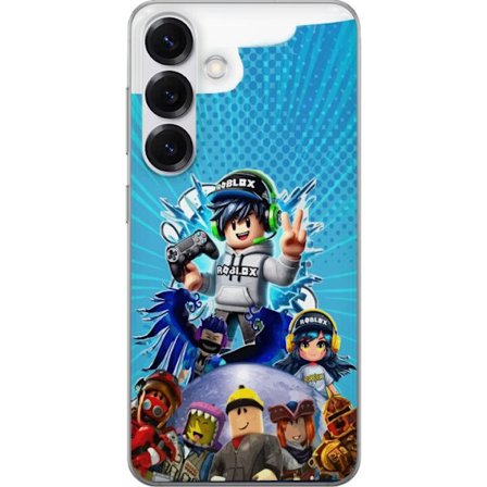 Samsung Galaxy S25 Gennemsigtig cover Roblox gamer karakter med headset og controller farverig spilillustration med energi