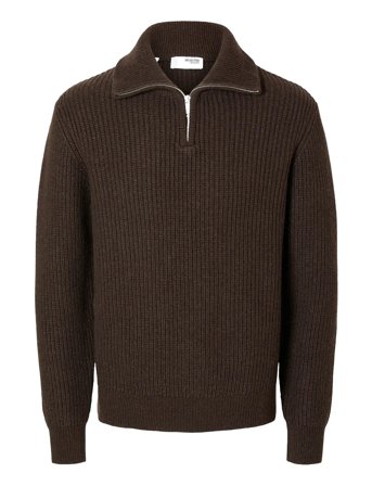 Slhland Ls Knit Half Zip Brown Selected