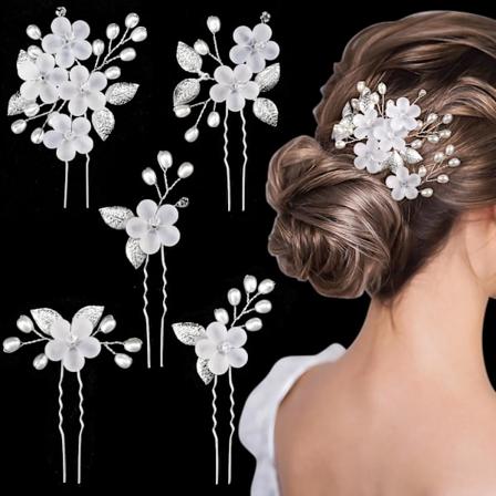 5 stk brudes hårnåler, perle rhinestone, blomster hårklips, sølv smykker bryllup hodeplagg hår tilbehør