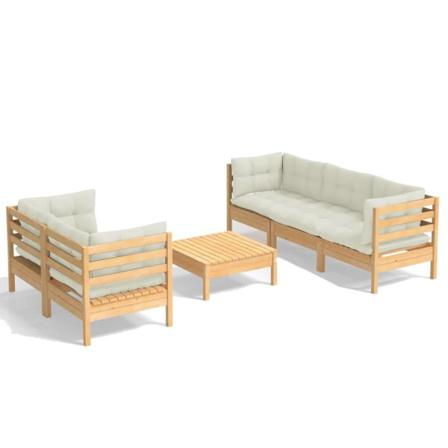 Vidaxl Loungegrupp Med Gräddvita Dynor 6 Delar Massiv Furu Creme