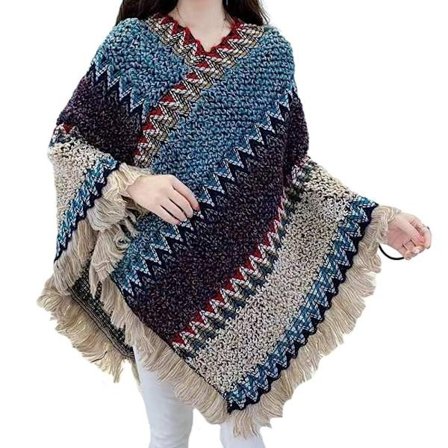 Mongolsk Poncho Pullover Kvast Sjal BLÅ