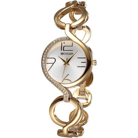 Dameklokke i rustfritt stål med Swarovski-krystaller og gullfarget quartz-armbånd