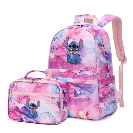 2 st Disney Lilo Stitch Multi Pocket Ryggsäck med Lunch Bag Ryggsäck Casual Skolväska för Kvinnor Student Tonåringar Set 008