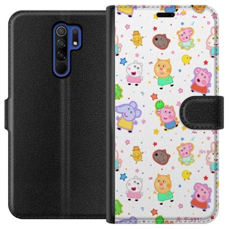 Kompatibelt Lommeboketui til Xiaomi Redmi 9 Fargerike tegneserie dyrekarakterer i en leken stil med stjerner og prikker på en lys bakgrunn