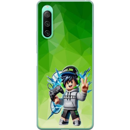 Kompatibelt Mobildeksel til Sony Xperia 10 IV Roblox-inspirert gamerfigur med headset, håndkontroll og energiske effekter mot grønn bakgrunn