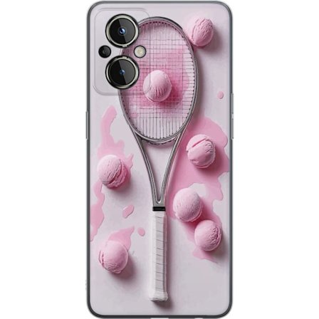 Kompatibel Mobilcover til OnePlus OnePlus Nord N20 5G Rosa glaskugler og tennisketsjer i et kreativt stillbillede med legende popfølelse og moderne d