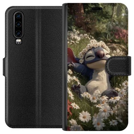 Kompatibel Tegnebogsetui til Huawei Huawei P30 Blå sød fantasi væsen hvilende i blomstereng med blomsterkrans afslappet forårs motiv og varm idyll