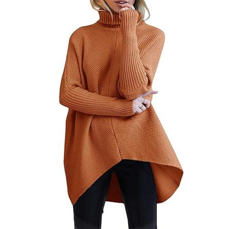 Dam Warm Longline Oregelbunden Fåll Stickade Tröjor Med Hög Hals