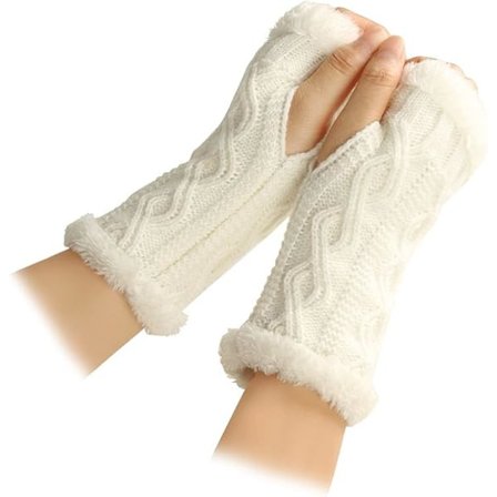 Vinterhandsker til kvinder, strikkede fingerhandsker, plys, håndledsvarmere, varmere armhandsker med tommelfingerhul, hvide