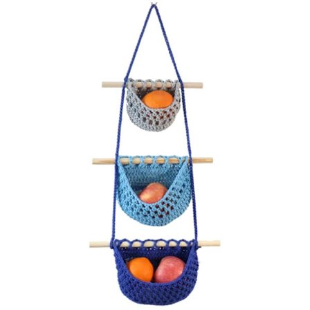 Vægmonteret frugtkurv vævede hængende kurve til køkken frugt og grøntsagskurv 3-lags opbevaring hængende vævet lomme C