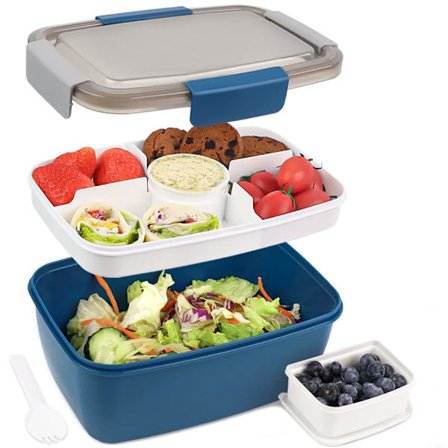 Bentobox 2000ML, Madkasse Salat Frokostbeholder til Madpakken med 4 Rum Inddeling, Salat Skål med Dressingbeholder, Indbygget Genanvendelig Ske