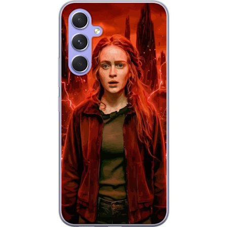 Kompatibelt Mobilskal till Samsung Samsung Galaxy A54 Porträtt av en ung kvinna med rött hår i en apokalyptisk landskap, röda blixtar och mörka k