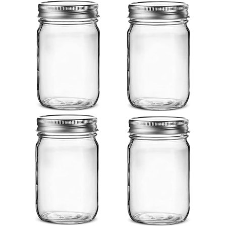 4-pack Klar Glasburkar med Silvermetalllock för Försegling, Matförvaring, Overnight Oats, Torrvaror, Snacks, Godis, (473 ml)